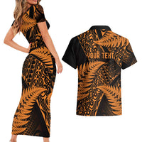 New Zealand Rugby Pacific Personalised Couples Matching Short Sleeve Bodycon Dress and Hawaiian Shirt All Gold Maori Pasifika Fern Pattern