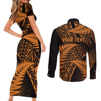 New Zealand Rugby Pacific Personalised Couples Matching Short Sleeve Bodycon Dress and Long Sleeve Button Shirt All Gold Maori Pasifika Fern Pattern