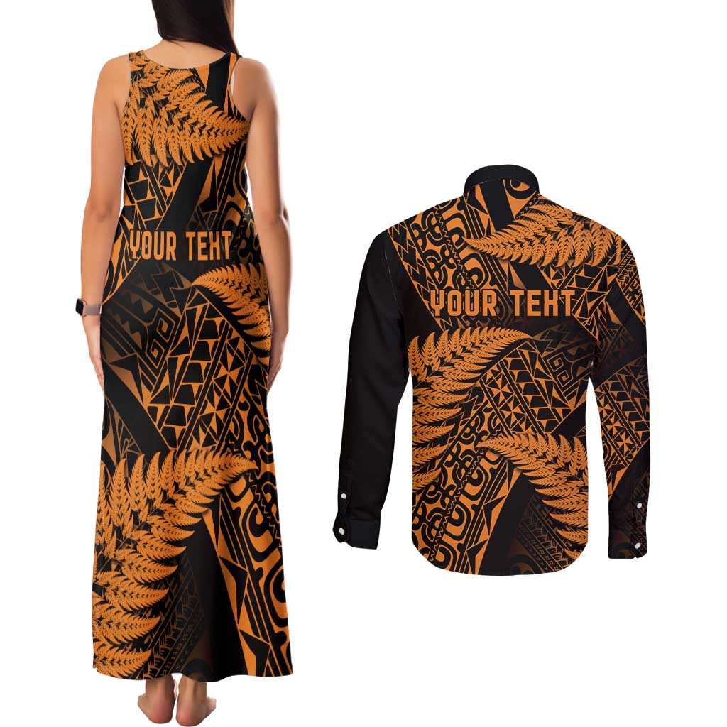 New Zealand Rugby Pacific Personalised Couples Matching Tank Maxi Dress and Long Sleeve Button Shirt All Gold Maori Pasifika Fern Pattern