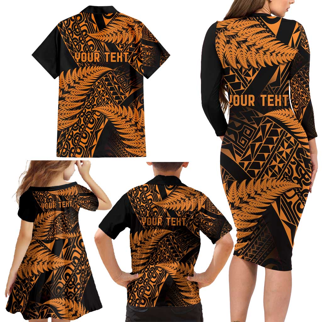 New Zealand Rugby Pacific Personalised Family Matching Long Sleeve Bodycon Dress and Hawaiian Shirt All Gold Maori Pasifika Fern Pattern