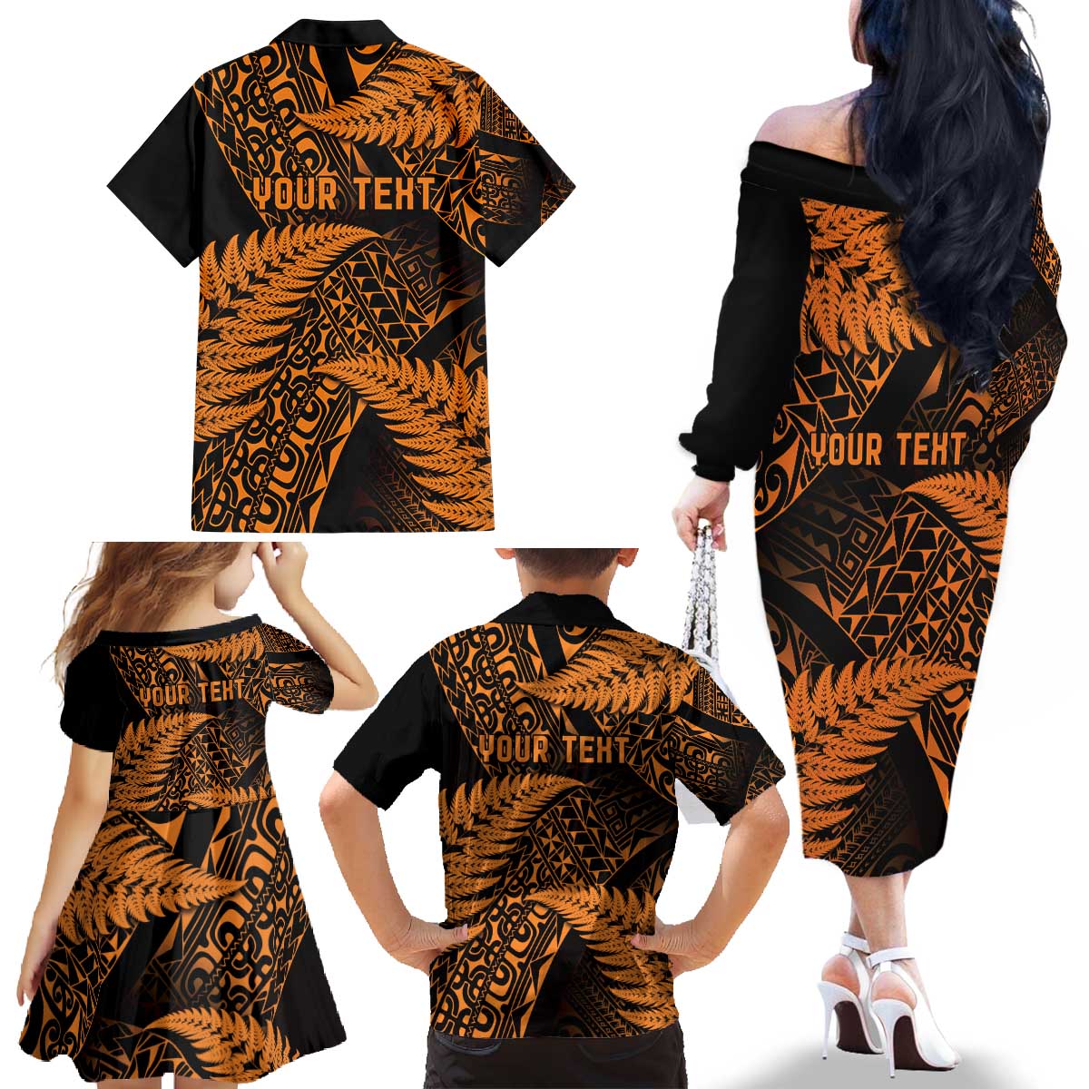 New Zealand Rugby Pacific Personalised Family Matching Off The Shoulder Long Sleeve Dress and Hawaiian Shirt All Gold Maori Pasifika Fern Pattern