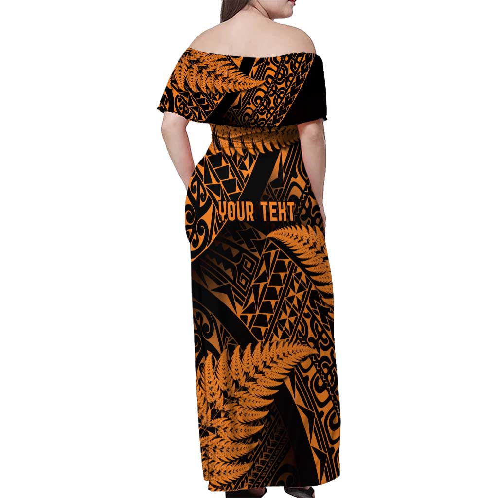 New Zealand Rugby Pacific Personalised Family Matching Off Shoulder Maxi Dress and Hawaiian Shirt All Gold Maori Pasifika Fern Pattern