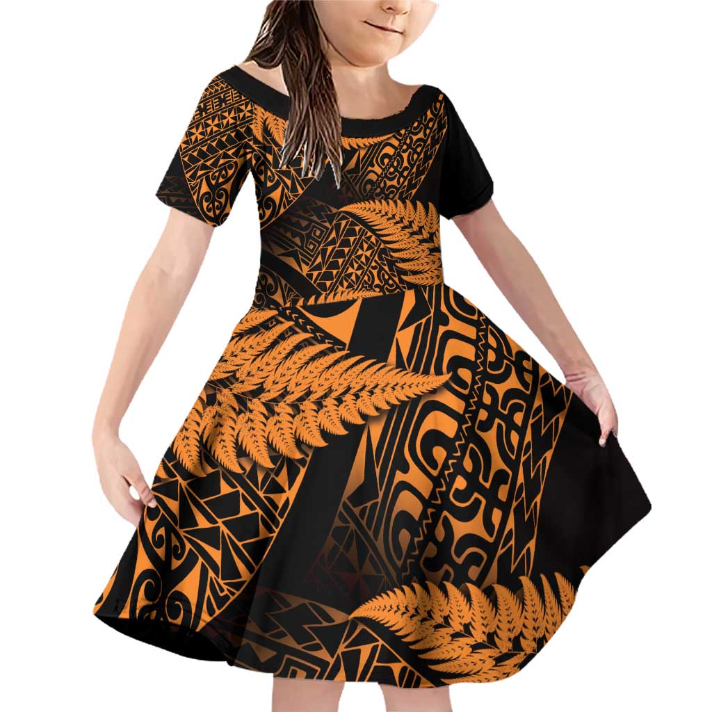 New Zealand Rugby Pacific Personalised Family Matching Off Shoulder Short Dress and Hawaiian Shirt All Gold Maori Pasifika Fern Pattern