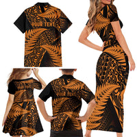 New Zealand Rugby Pacific Personalised Family Matching Short Sleeve Bodycon Dress and Hawaiian Shirt All Gold Maori Pasifika Fern Pattern
