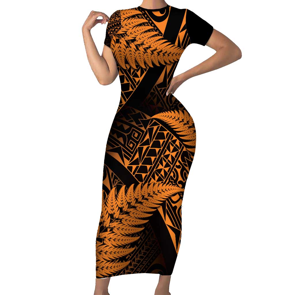 New Zealand Rugby Pacific Personalised Family Matching Short Sleeve Bodycon Dress and Hawaiian Shirt All Gold Maori Pasifika Fern Pattern