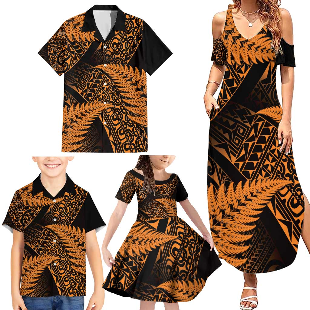 New Zealand Rugby Pacific Personalised Family Matching Summer Maxi Dress and Hawaiian Shirt All Gold Maori Pasifika Fern Pattern
