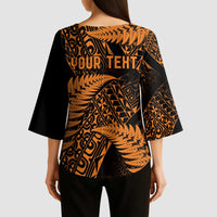 New Zealand Rugby Pacific Personalised Kimono Sleeve Blouse All Gold Maori Pasifika Fern Pattern - Polynesian Pride