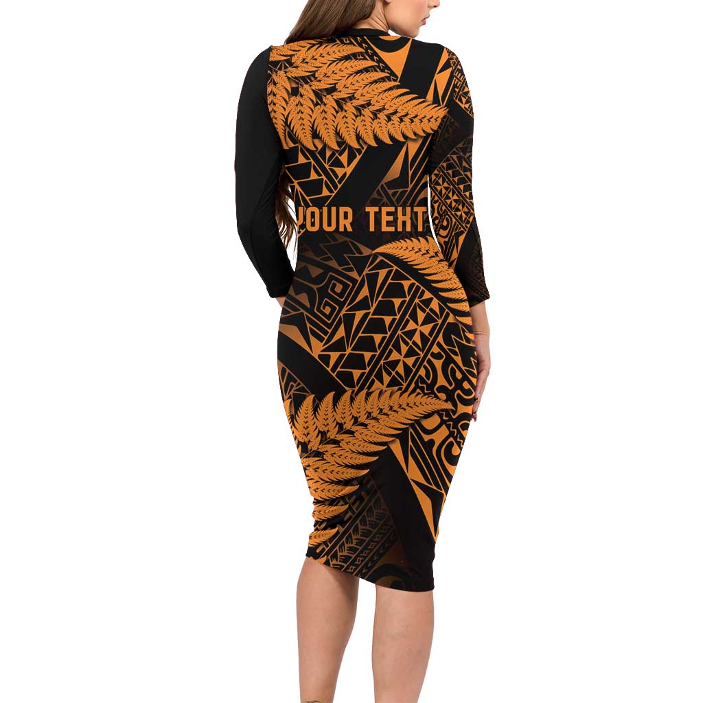 New Zealand Rugby Pacific Personalised Long Sleeve Bodycon Dress All Gold Maori Pasifika Fern Pattern
