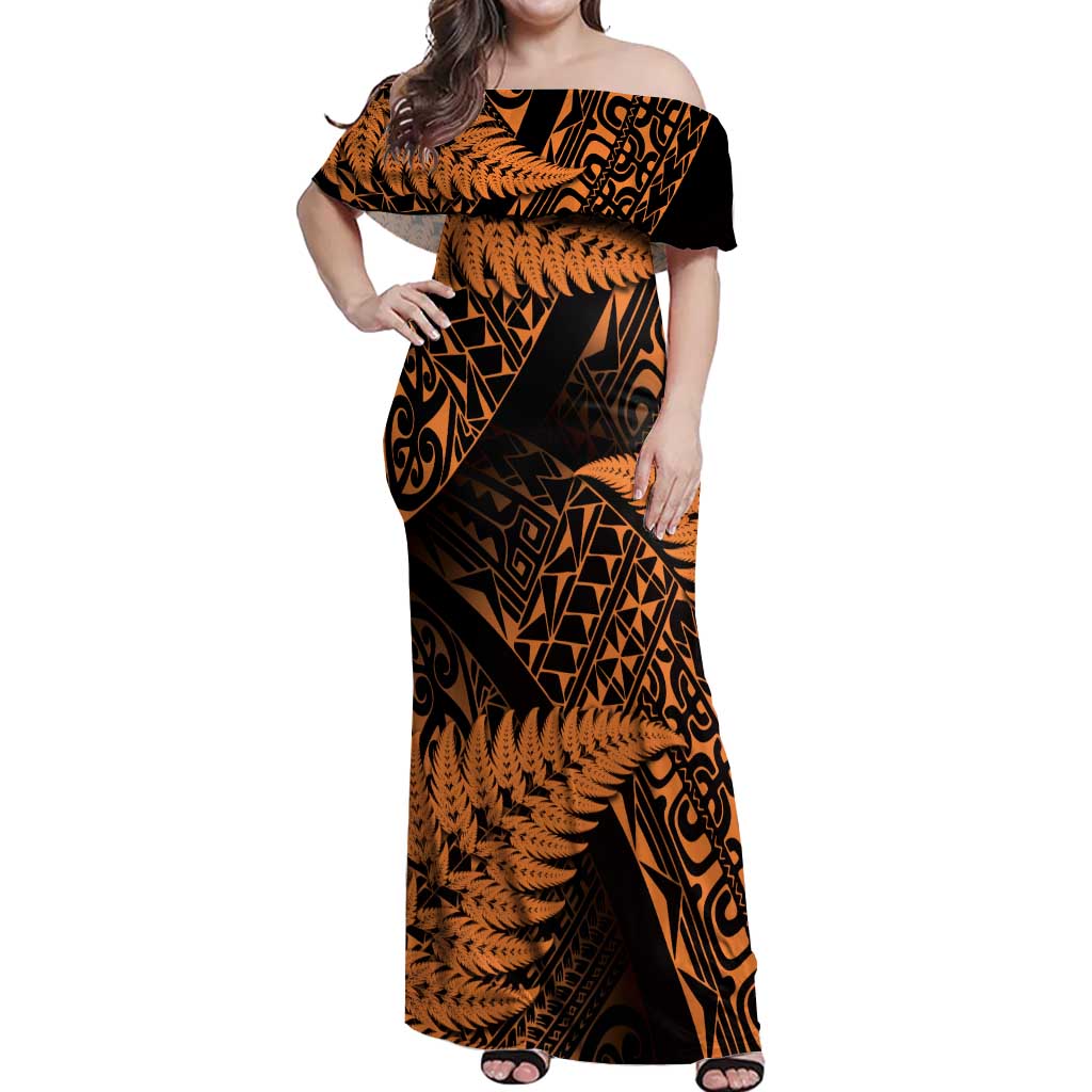 New Zealand Rugby Pacific Personalised Off Shoulder Maxi Dress All Gold Maori Pasifika Fern Pattern