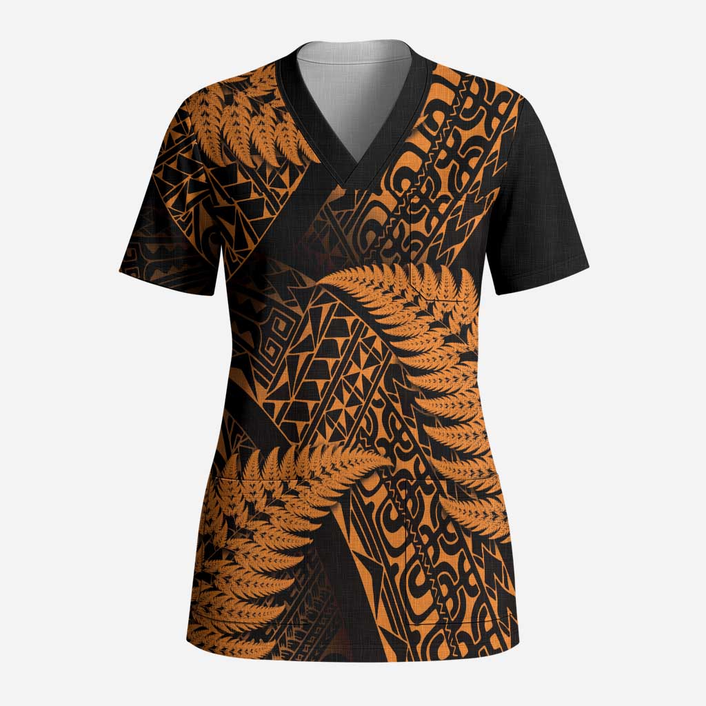 New Zealand Rugby Pacific Personalised Scrub Top All Gold Maori Pasifika Fern Pattern - Polynesian Pride