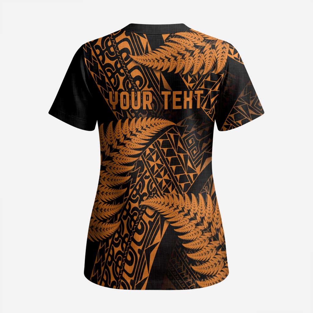 New Zealand Rugby Pacific Personalised Scrub Top All Gold Maori Pasifika Fern Pattern - Polynesian Pride