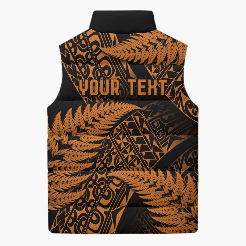 New Zealand Rugby Pacific Personalised Sleeveless Puffer Jacket All Gold Maori Pasifika Fern Pattern - Polynesian Pride