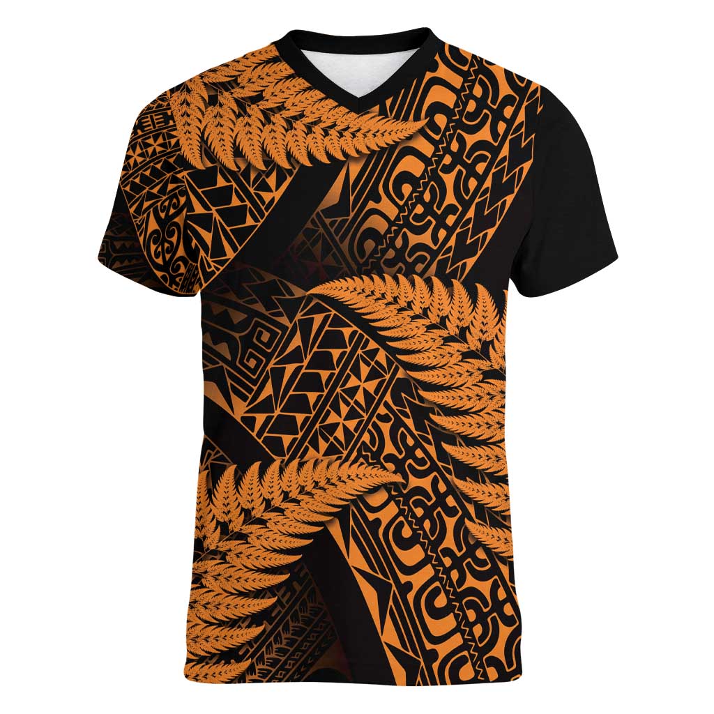 New Zealand Rugby Pacific Personalised Women V-Neck T-Shirt All Gold Maori Pasifika Fern Pattern