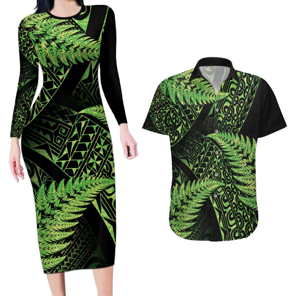 New Zealand Rugby Pacific Personalised Couples Matching Long Sleeve Bodycon Dress and Hawaiian Shirt All Lime Maori Pasifika Fern Pattern