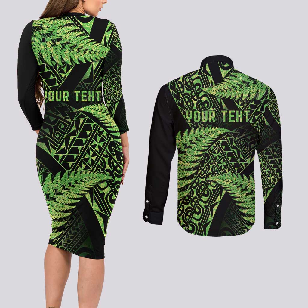 New Zealand Rugby Pacific Personalised Couples Matching Long Sleeve Bodycon Dress and Long Sleeve Button Shirt All Lime Maori Pasifika Fern Pattern