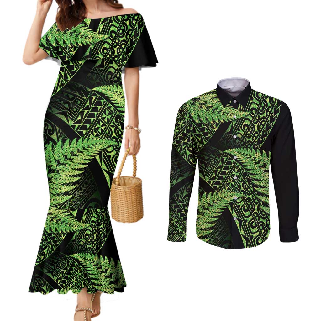 New Zealand Rugby Pacific Personalised Couples Matching Mermaid Dress and Long Sleeve Button Shirt All Lime Maori Pasifika Fern Pattern