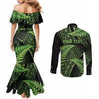 New Zealand Rugby Pacific Personalised Couples Matching Mermaid Dress and Long Sleeve Button Shirt All Lime Maori Pasifika Fern Pattern