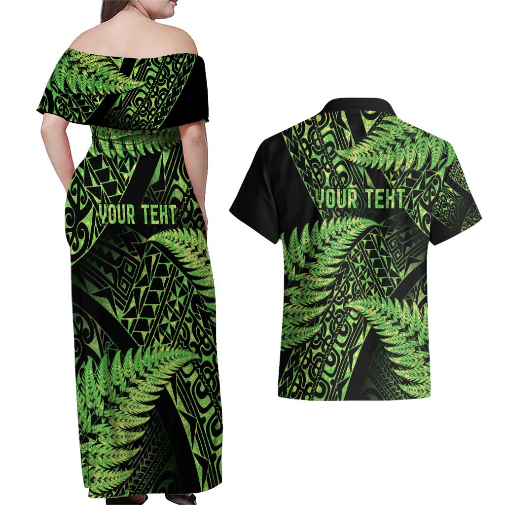 New Zealand Rugby Pacific Personalised Couples Matching Off Shoulder Maxi Dress and Hawaiian Shirt All Lime Maori Pasifika Fern Pattern
