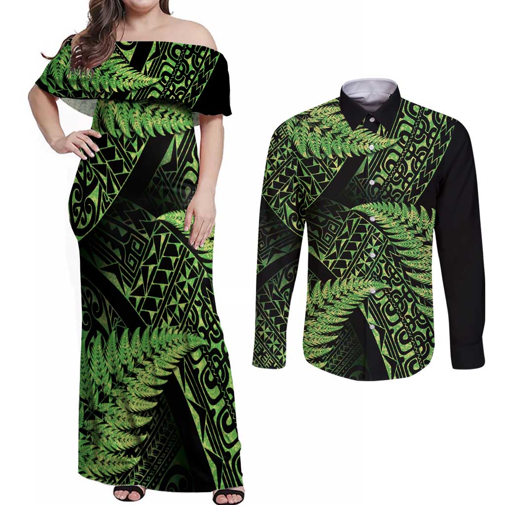 New Zealand Rugby Pacific Personalised Couples Matching Off Shoulder Maxi Dress and Long Sleeve Button Shirt All Lime Maori Pasifika Fern Pattern