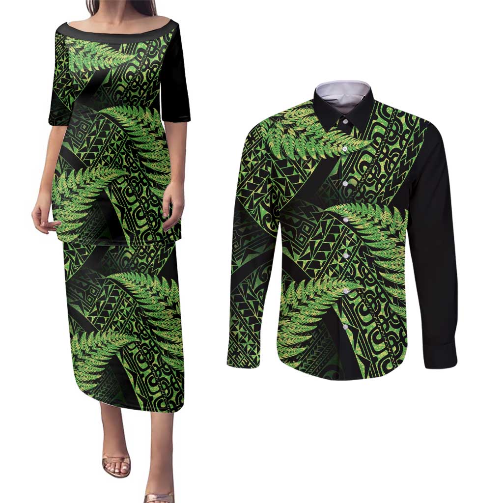 New Zealand Rugby Pacific Personalised Couples Matching Puletasi and Long Sleeve Button Shirt All Lime Maori Pasifika Fern Pattern