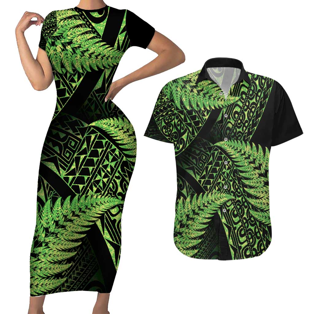 New Zealand Rugby Pacific Personalised Couples Matching Short Sleeve Bodycon Dress and Hawaiian Shirt All Lime Maori Pasifika Fern Pattern