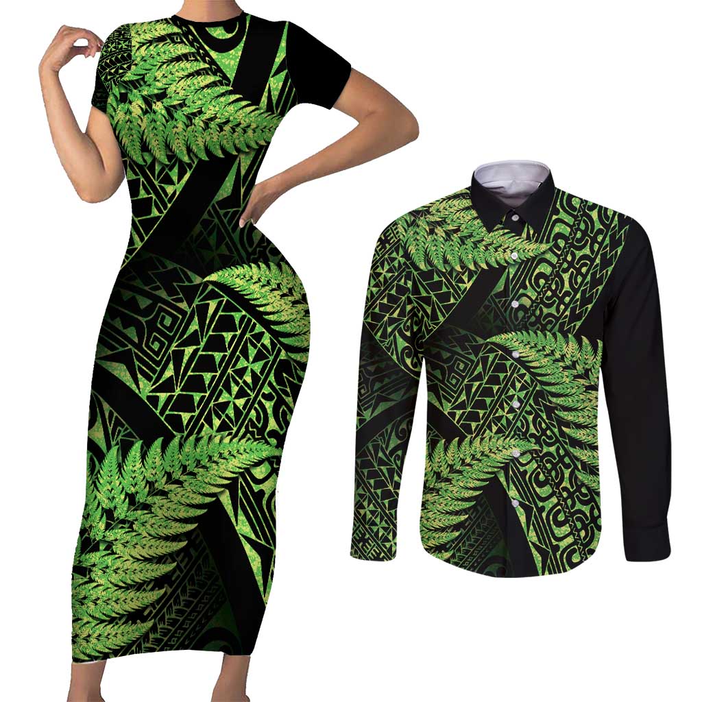 New Zealand Rugby Pacific Personalised Couples Matching Short Sleeve Bodycon Dress and Long Sleeve Button Shirt All Lime Maori Pasifika Fern Pattern