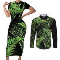 New Zealand Rugby Pacific Personalised Couples Matching Short Sleeve Bodycon Dress and Long Sleeve Button Shirt All Lime Maori Pasifika Fern Pattern