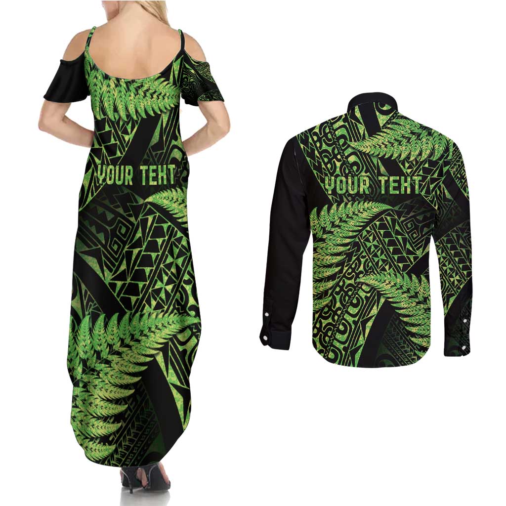 New Zealand Rugby Pacific Personalised Couples Matching Summer Maxi Dress and Long Sleeve Button Shirt All Lime Maori Pasifika Fern Pattern