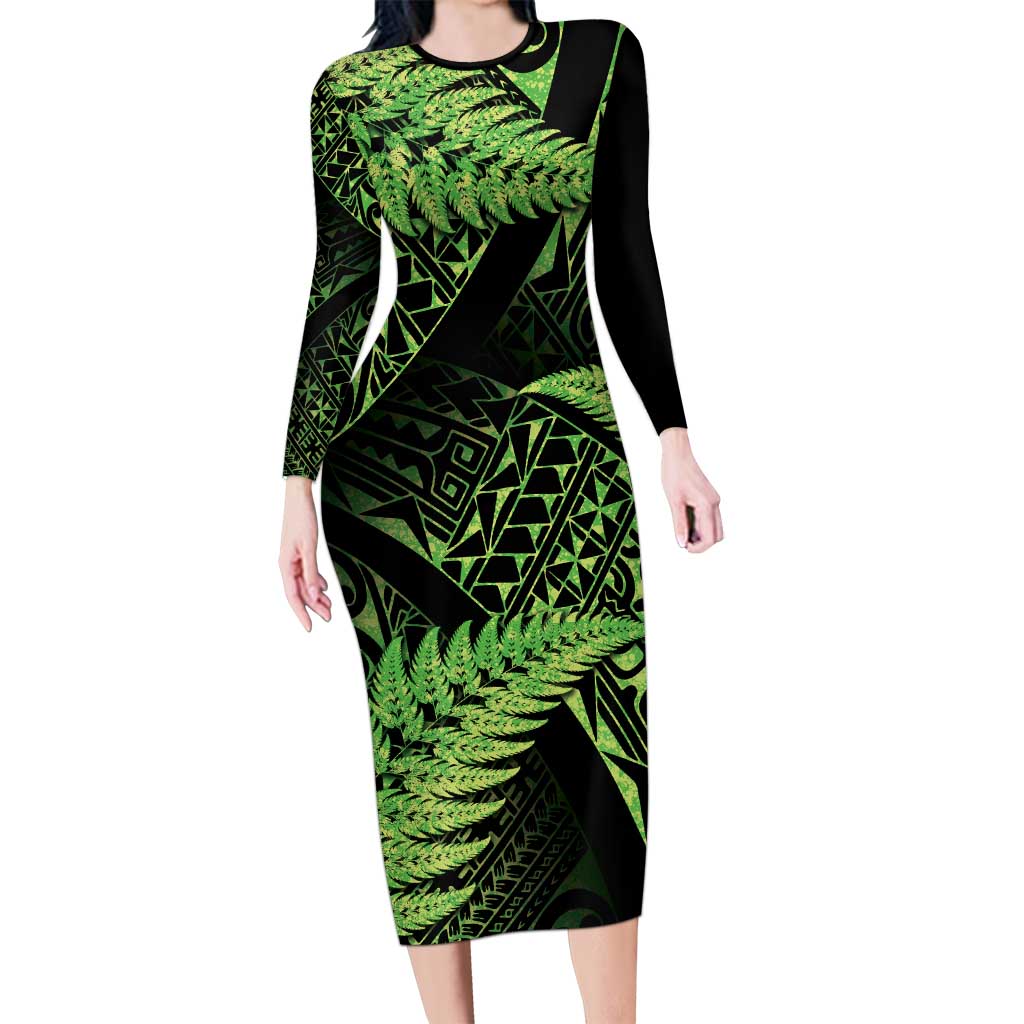 New Zealand Rugby Pacific Personalised Family Matching Long Sleeve Bodycon Dress and Hawaiian Shirt All Lime Maori Pasifika Fern Pattern