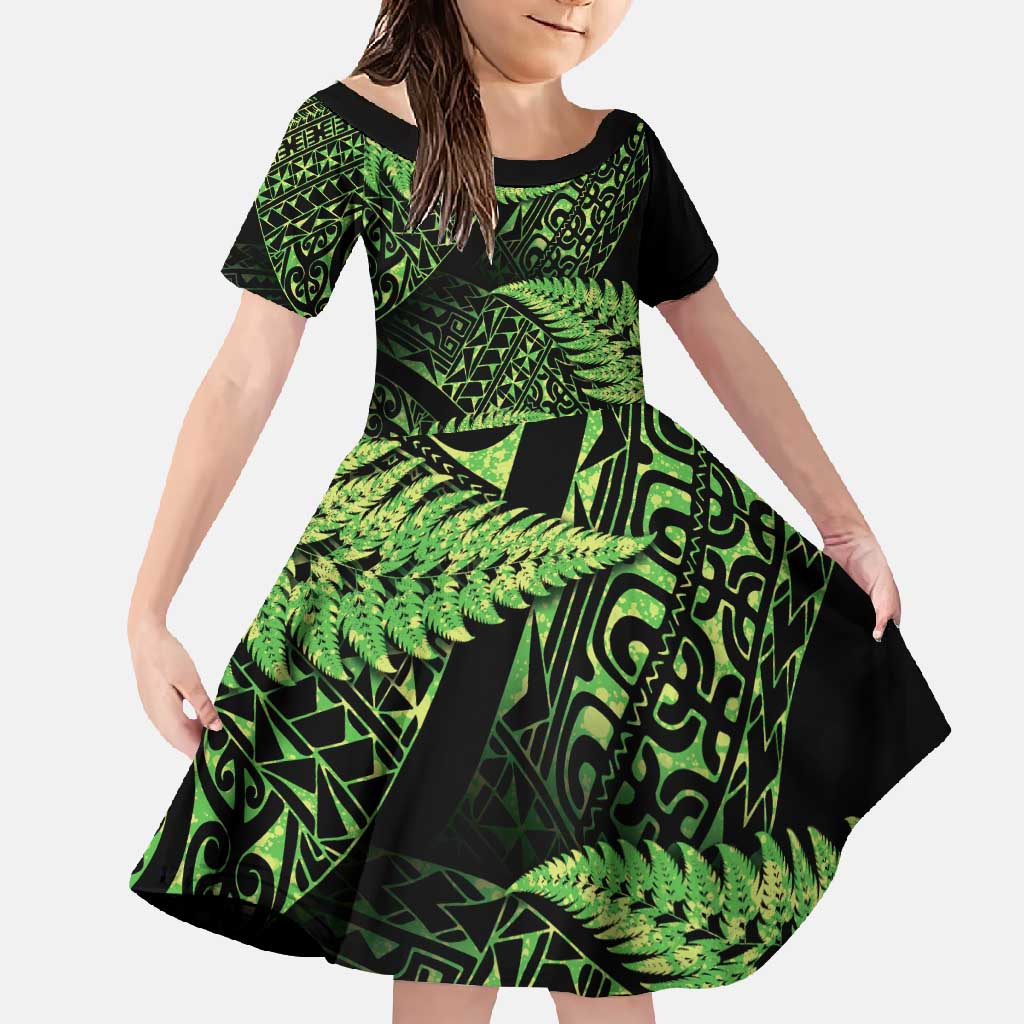 New Zealand Rugby Pacific Personalised Family Matching Short Sleeve Bodycon Dress and Hawaiian Shirt All Lime Maori Pasifika Fern Pattern