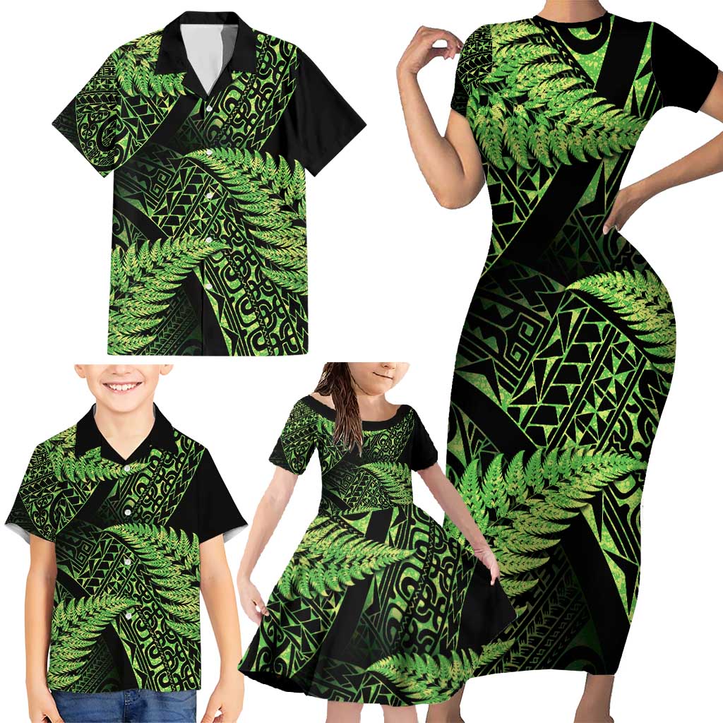 New Zealand Rugby Pacific Personalised Family Matching Short Sleeve Bodycon Dress and Hawaiian Shirt All Lime Maori Pasifika Fern Pattern