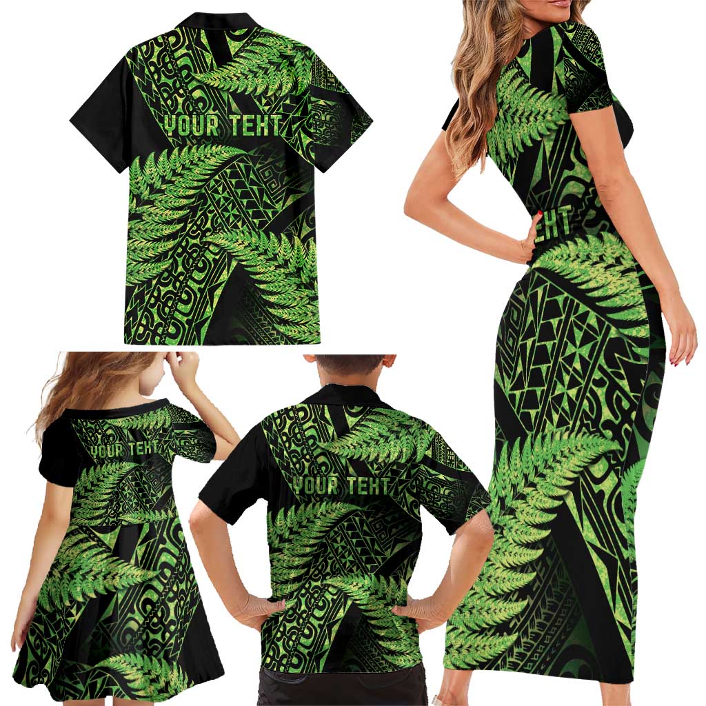 New Zealand Rugby Pacific Personalised Family Matching Short Sleeve Bodycon Dress and Hawaiian Shirt All Lime Maori Pasifika Fern Pattern