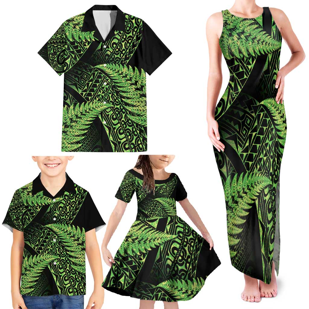 New Zealand Rugby Pacific Personalised Family Matching Tank Maxi Dress and Hawaiian Shirt All Lime Maori Pasifika Fern Pattern
