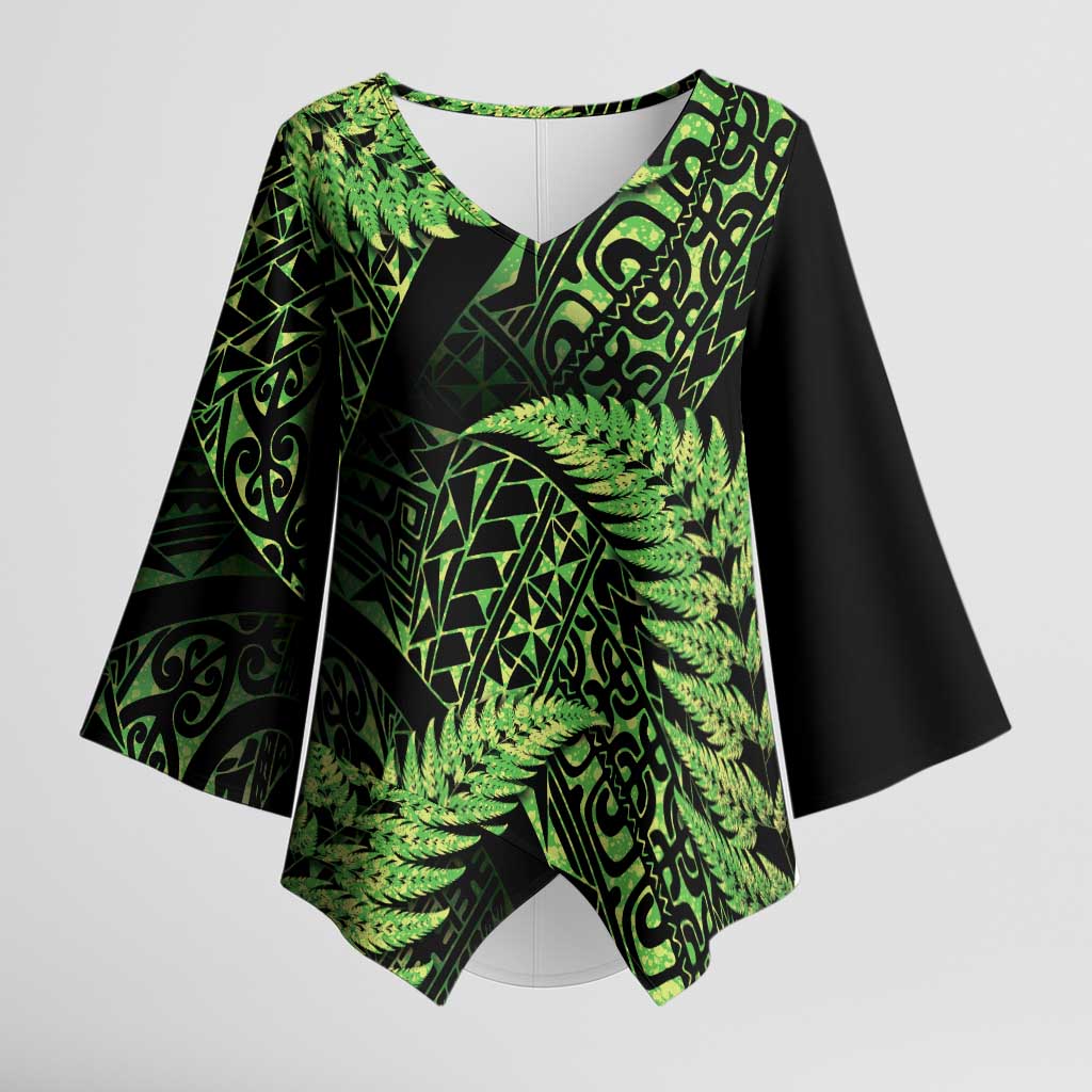 New Zealand Rugby Pacific Personalised Kimono Sleeve Blouse All Lime Maori Pasifika Fern Pattern - Polynesian Pride