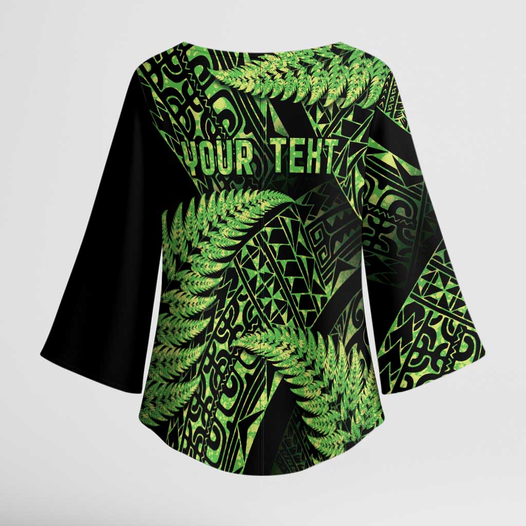 New Zealand Rugby Pacific Personalised Kimono Sleeve Blouse All Lime Maori Pasifika Fern Pattern - Polynesian Pride