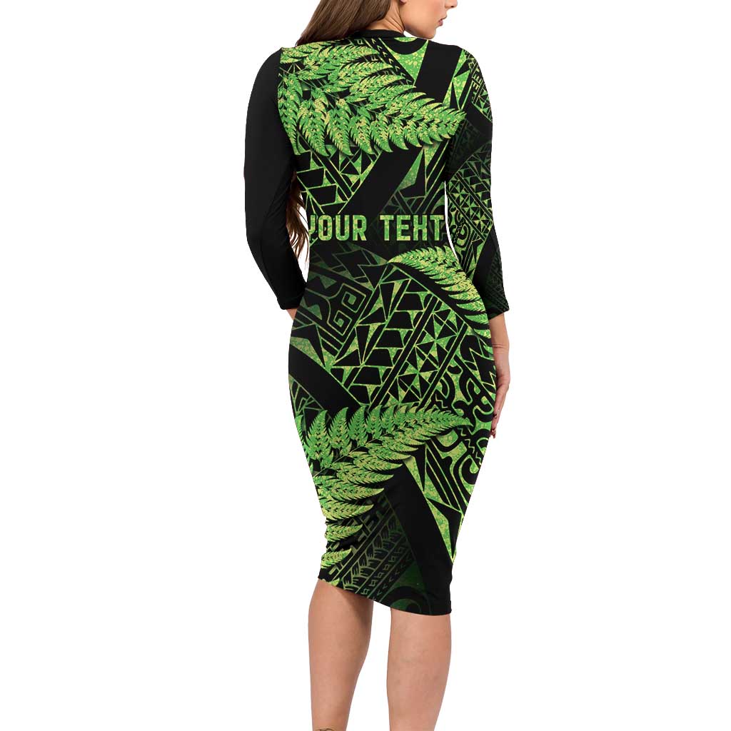 New Zealand Rugby Pacific Personalised Long Sleeve Bodycon Dress All Lime Maori Pasifika Fern Pattern