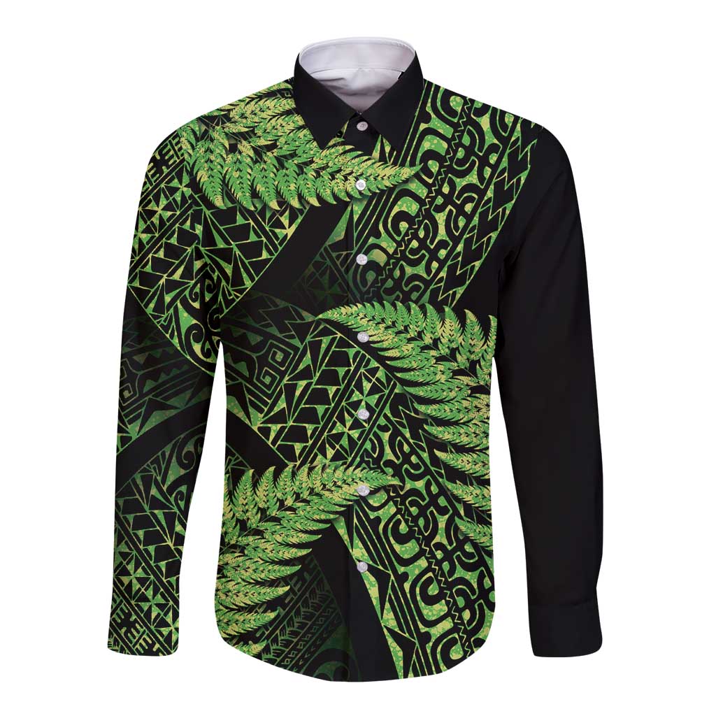 New Zealand Rugby Pacific Personalised Long Sleeve Button Shirt All Lime Maori Pasifika Fern Pattern