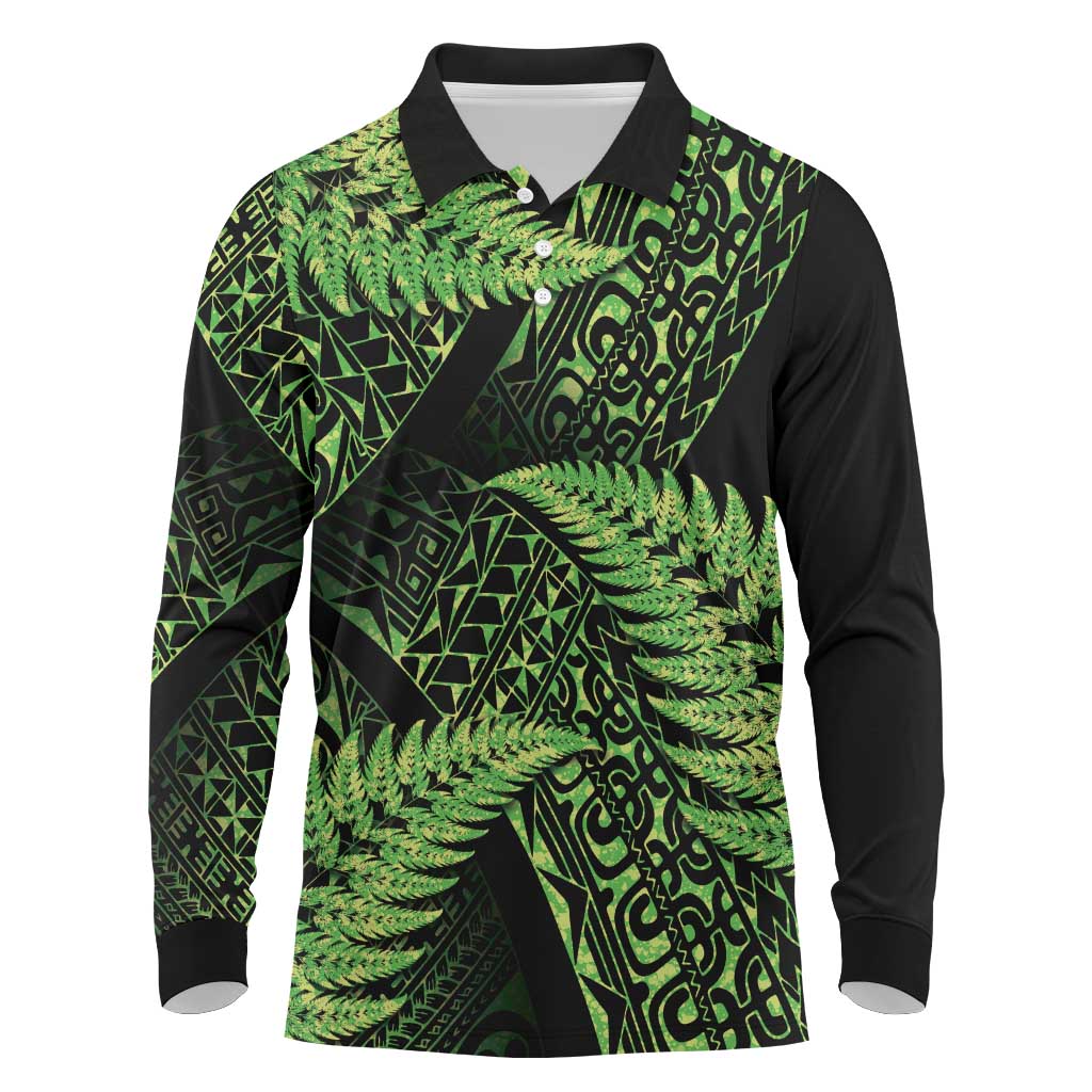 New Zealand Rugby Pacific Personalised Long Sleeve Polo Shirt All Lime Maori Pasifika Fern Pattern