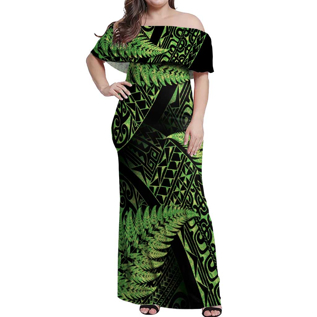 New Zealand Rugby Pacific Personalised Off Shoulder Maxi Dress All Lime Maori Pasifika Fern Pattern