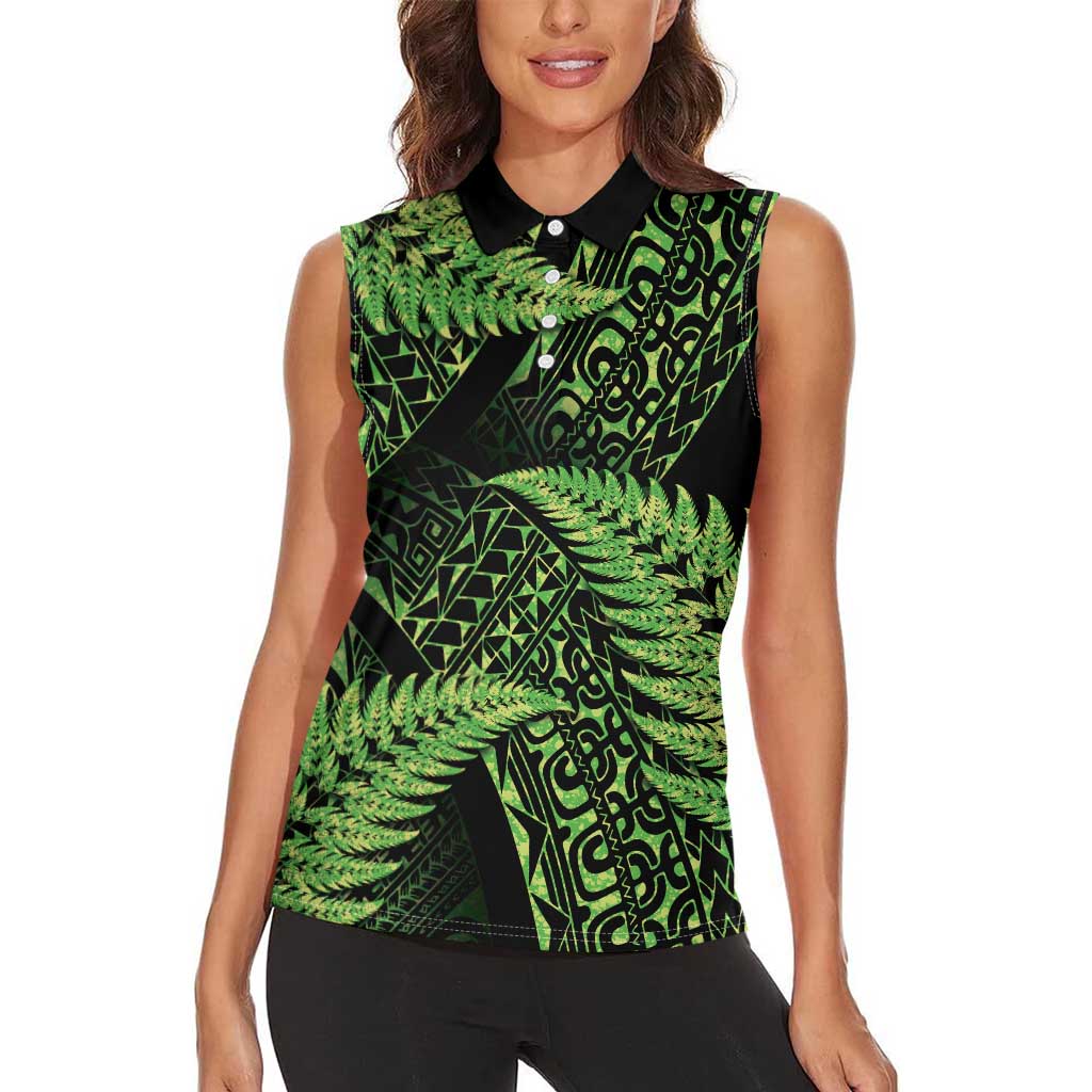 New Zealand Rugby Pacific Personalised Women Sleeveless Polo Shirt All Lime Maori Pasifika Fern Pattern
