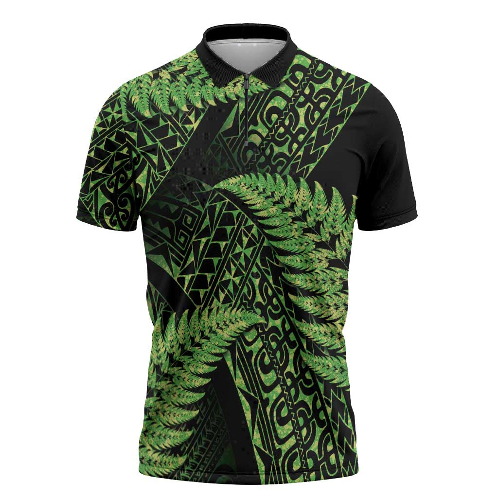 New Zealand Rugby Pacific Personalised Zipper Polo Shirt All Lime Maori Pasifika Fern Pattern - Polynesian Pride