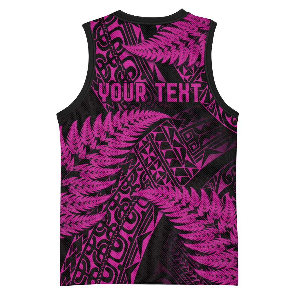 New Zealand Rugby Pacific Personalised Basketball Jersey All Pink Maori Pasifika Fern Pattern - Polynesian Pride