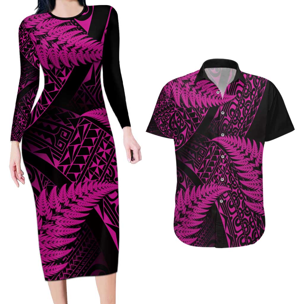 New Zealand Rugby Pacific Personalised Couples Matching Long Sleeve Bodycon Dress and Hawaiian Shirt All Pink Maori Pasifika Fern Pattern