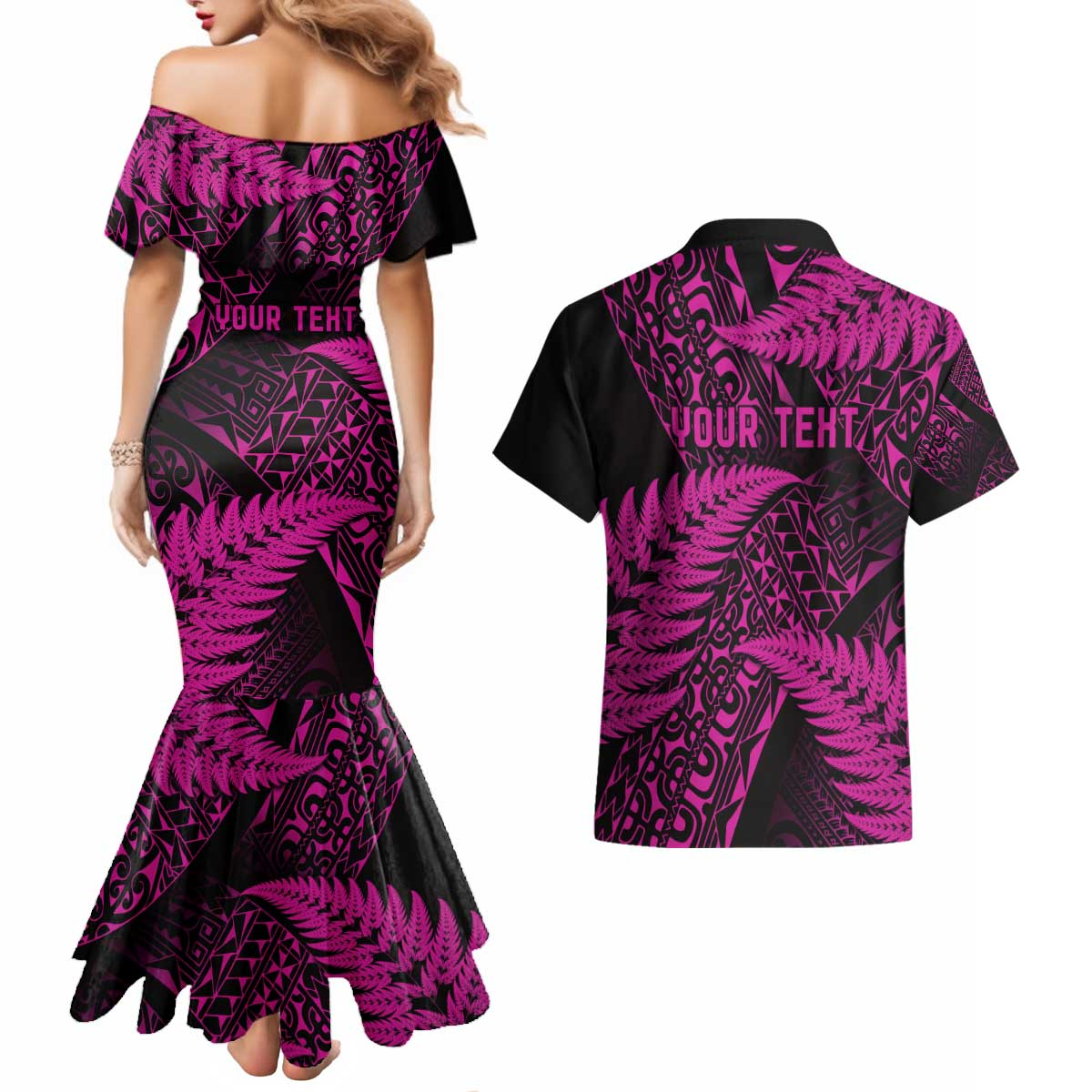 New Zealand Rugby Pacific Personalised Couples Matching Mermaid Dress and Hawaiian Shirt All Pink Maori Pasifika Fern Pattern