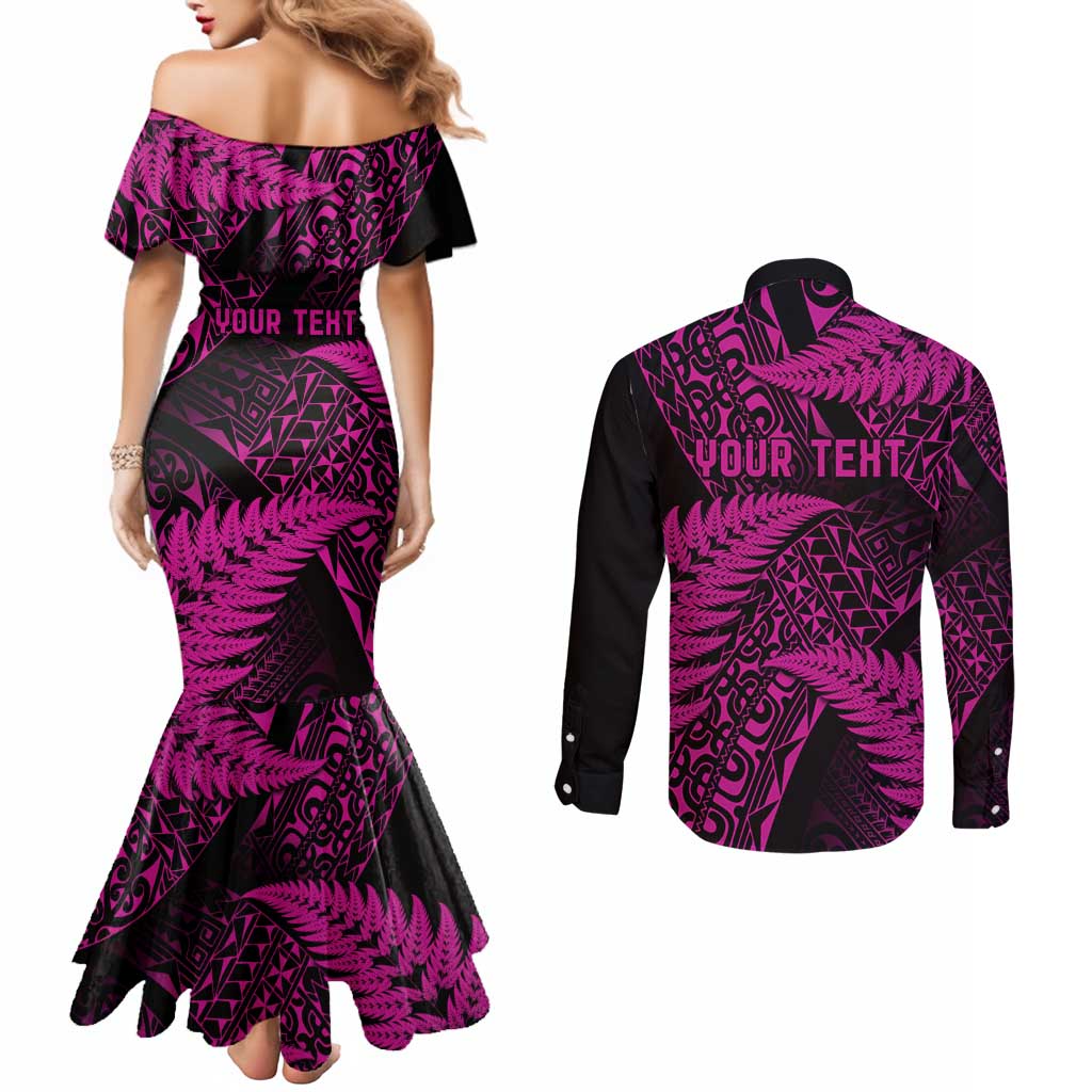New Zealand Rugby Pacific Personalised Couples Matching Mermaid Dress and Long Sleeve Button Shirt All Pink Maori Pasifika Fern Pattern
