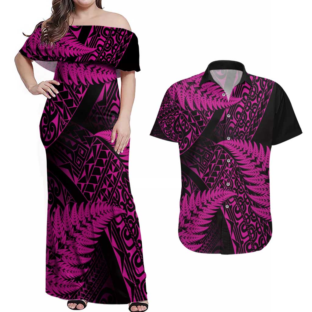 New Zealand Rugby Pacific Personalised Couples Matching Off Shoulder Maxi Dress and Hawaiian Shirt All Pink Maori Pasifika Fern Pattern