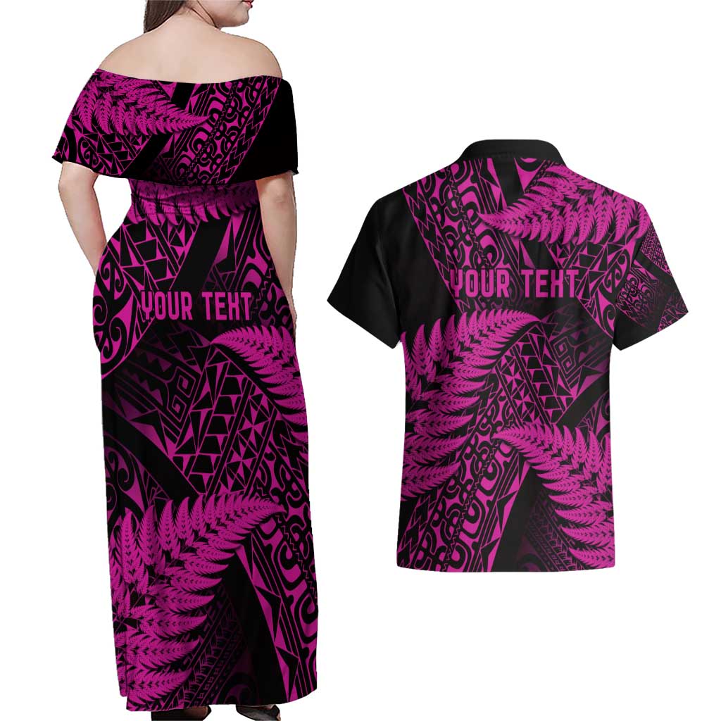 New Zealand Rugby Pacific Personalised Couples Matching Off Shoulder Maxi Dress and Hawaiian Shirt All Pink Maori Pasifika Fern Pattern