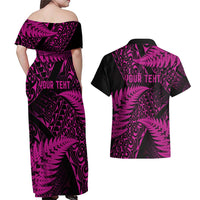 New Zealand Rugby Pacific Personalised Couples Matching Off Shoulder Maxi Dress and Hawaiian Shirt All Pink Maori Pasifika Fern Pattern