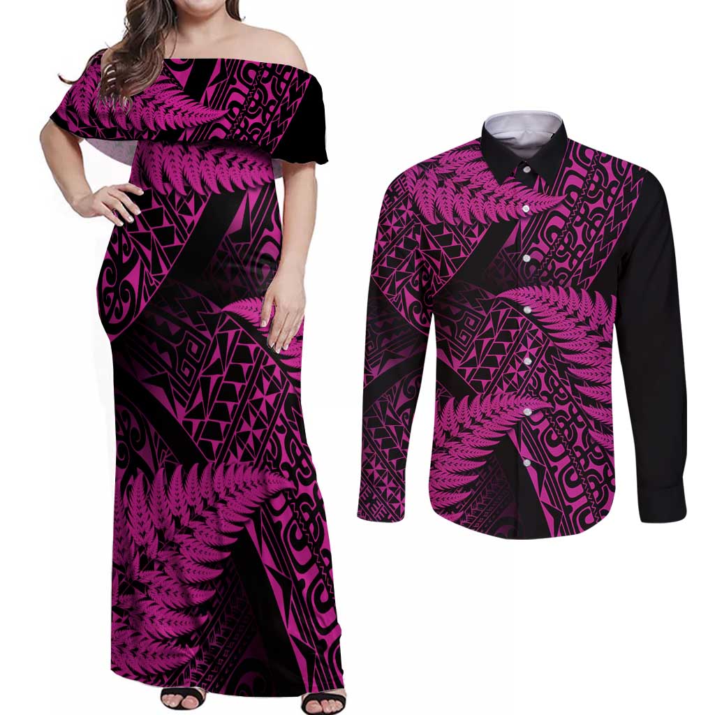 New Zealand Rugby Pacific Personalised Couples Matching Off Shoulder Maxi Dress and Long Sleeve Button Shirt All Pink Maori Pasifika Fern Pattern