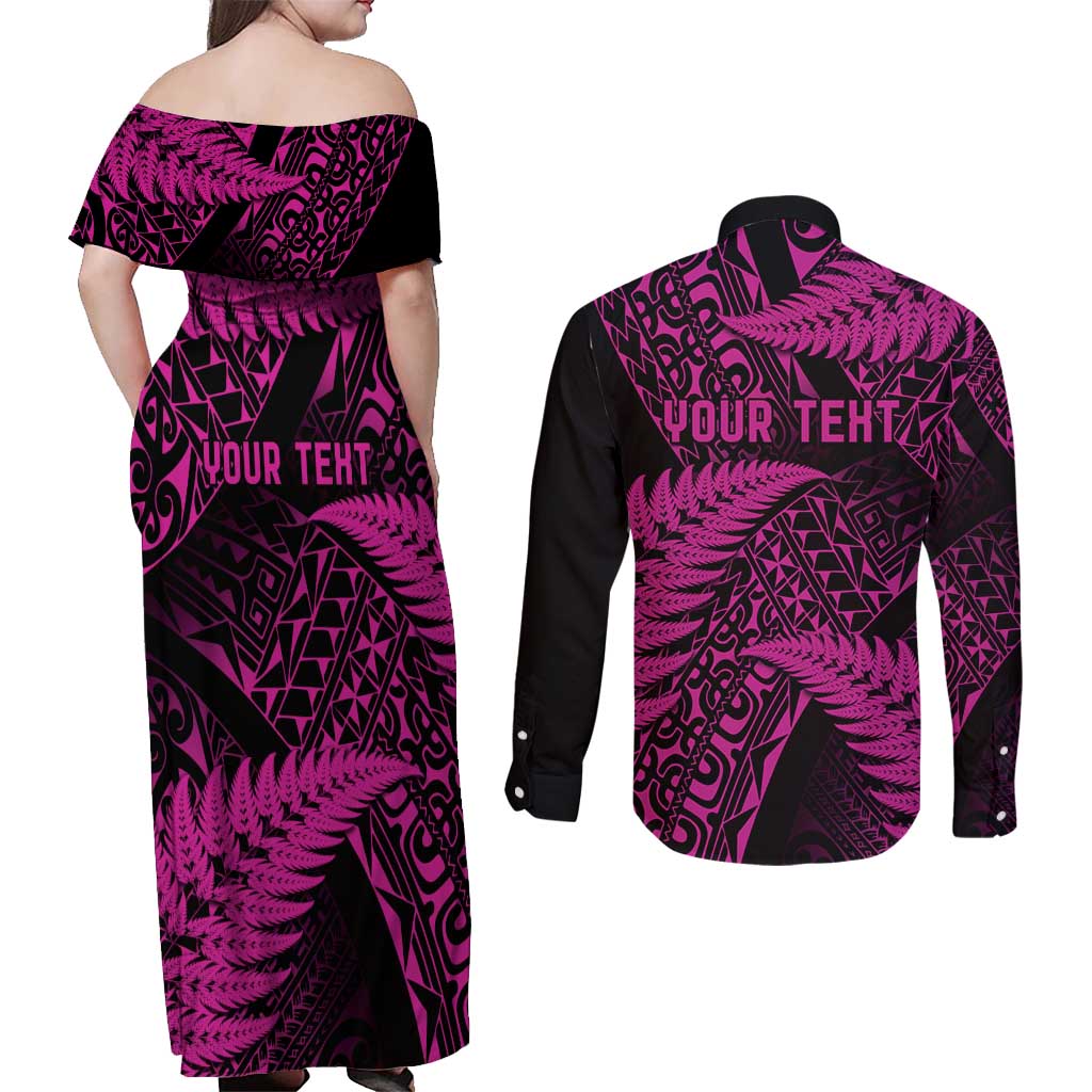 New Zealand Rugby Pacific Personalised Couples Matching Off Shoulder Maxi Dress and Long Sleeve Button Shirt All Pink Maori Pasifika Fern Pattern